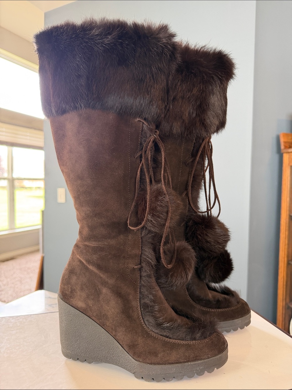 COACH Karita Dark Brown Suede & Genuine Rabbit Fur Knee-High Boots-Size 8.5